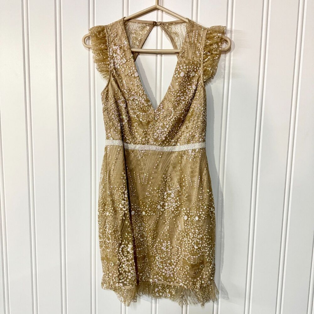 LULU'S Dress Women Size Small Gold Sequin NYE Deep V Sleeveles Mini Lace Layered